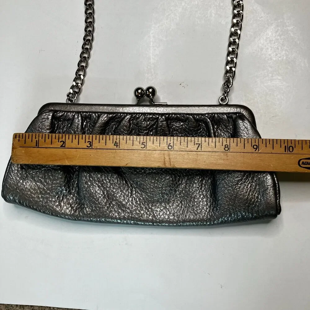 Talbot's Metallic Silver Gray Leather Clutch Evening Purse With Shoulder Strap